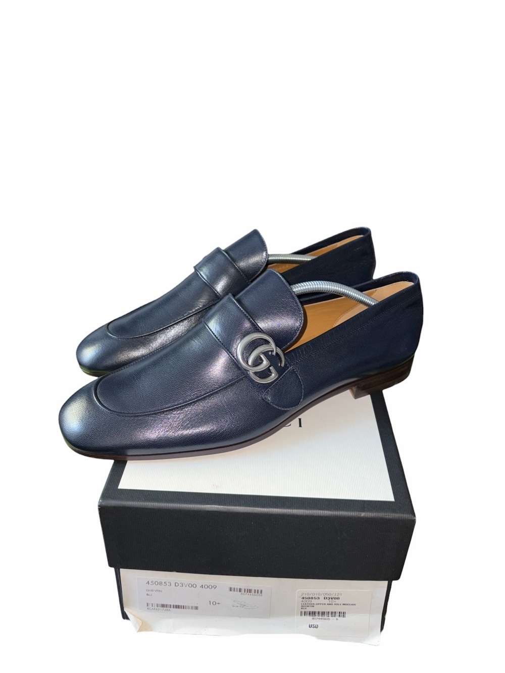 Gucci Men's Dark Navy Leather GG Horsebit Penny Loafers size 10.5